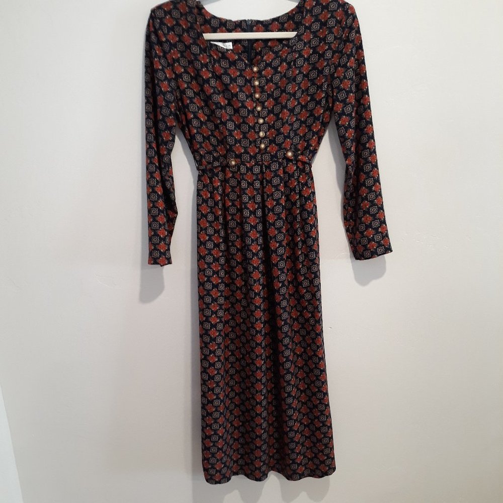 Vintage Navy Floral Mid Dress Size 10 w/mid Sleeves
